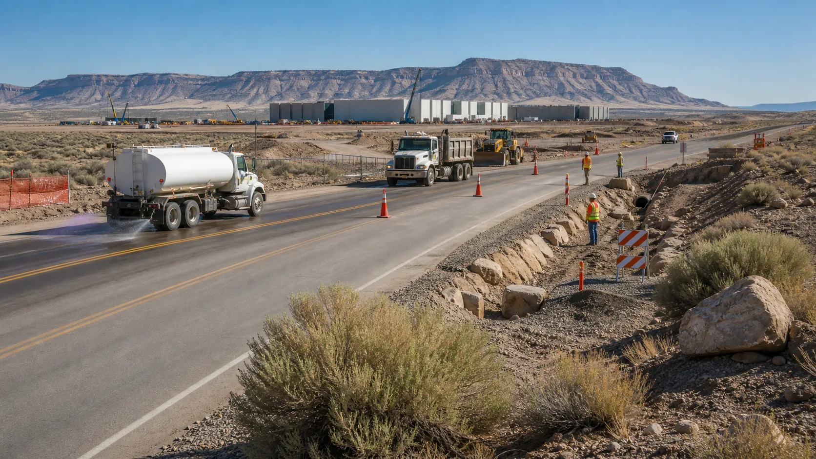 Concept image of organized construction traffic, dust control, and marked haul-route management near a rural data center site