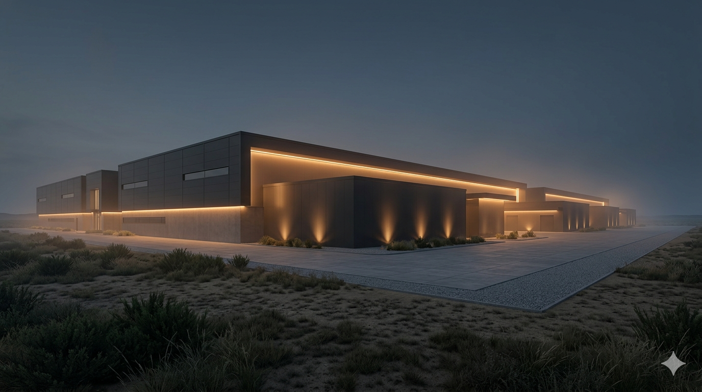 Exterior of a large, low, windowless data center building behind security fencing