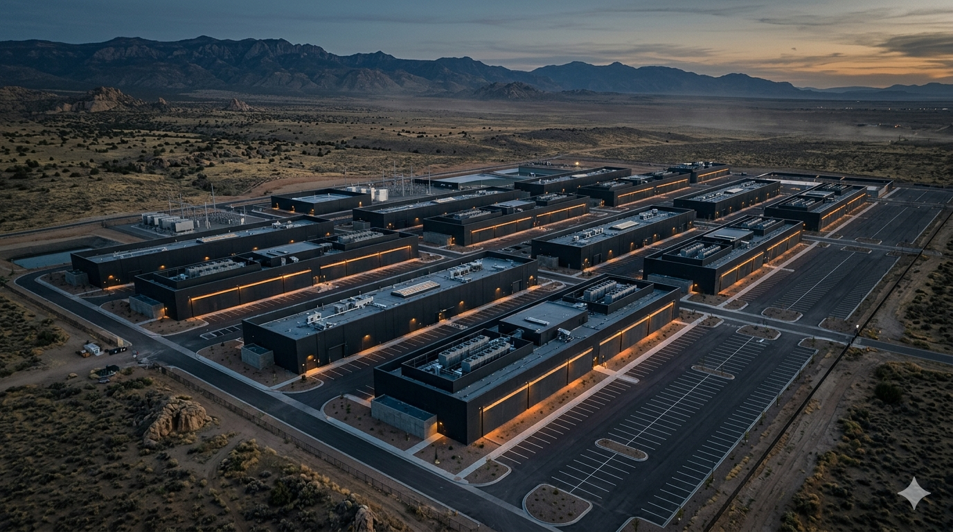 Aerial view of a data center campus with several large buildings and parking