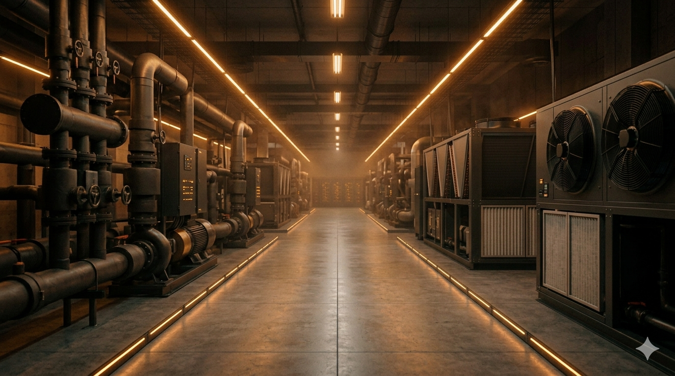 Large data center cooling equipment — banks of fans, chilled-water pipes, and air-handling units