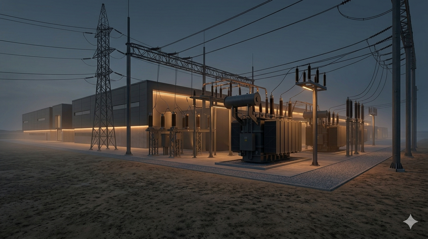 Electrical substation and high-voltage power infrastructure feeding a data center