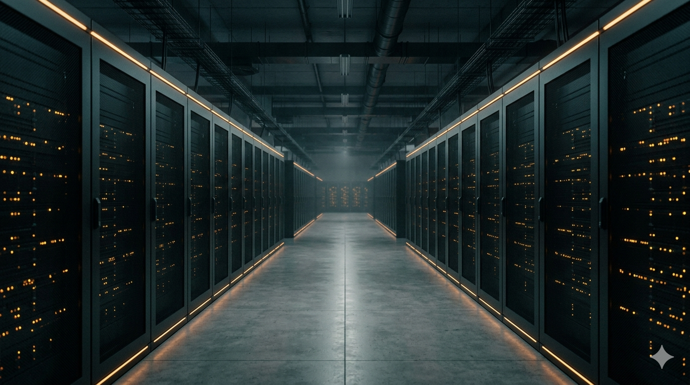 Rows of server racks in a long data center hall, with overhead cabling trays and cooling ducts