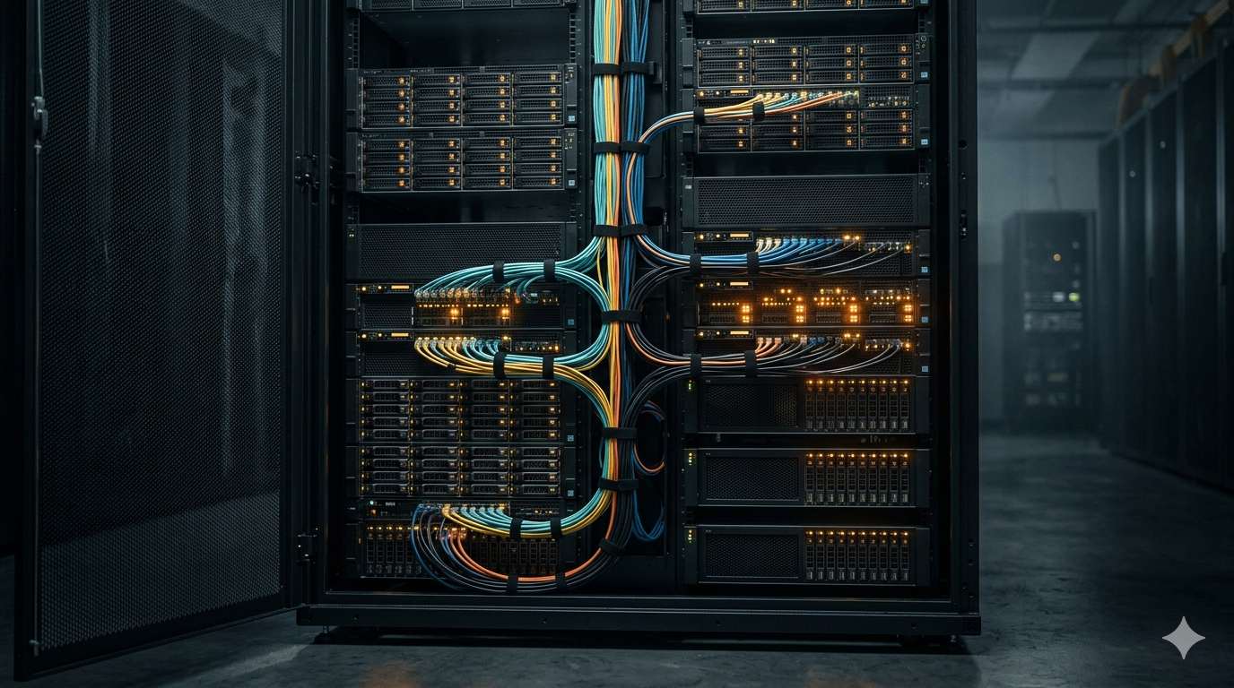 Close-up of a single server rack filled with rack-mounted servers and bundled network cabling