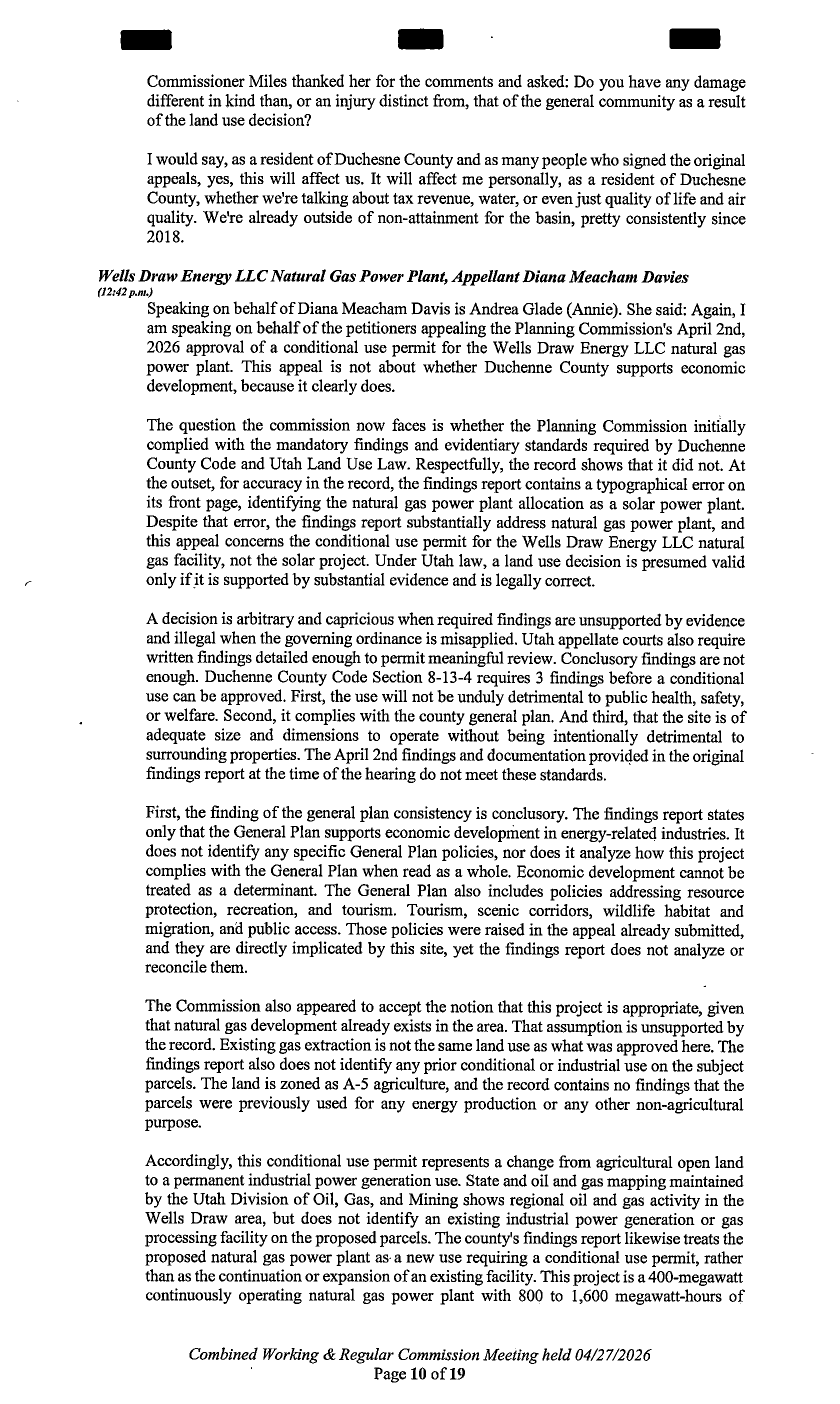 Duchesne County Commission minutes page recording the appeal of the Wells Draw Energy natural-gas permit, April 27, 2026