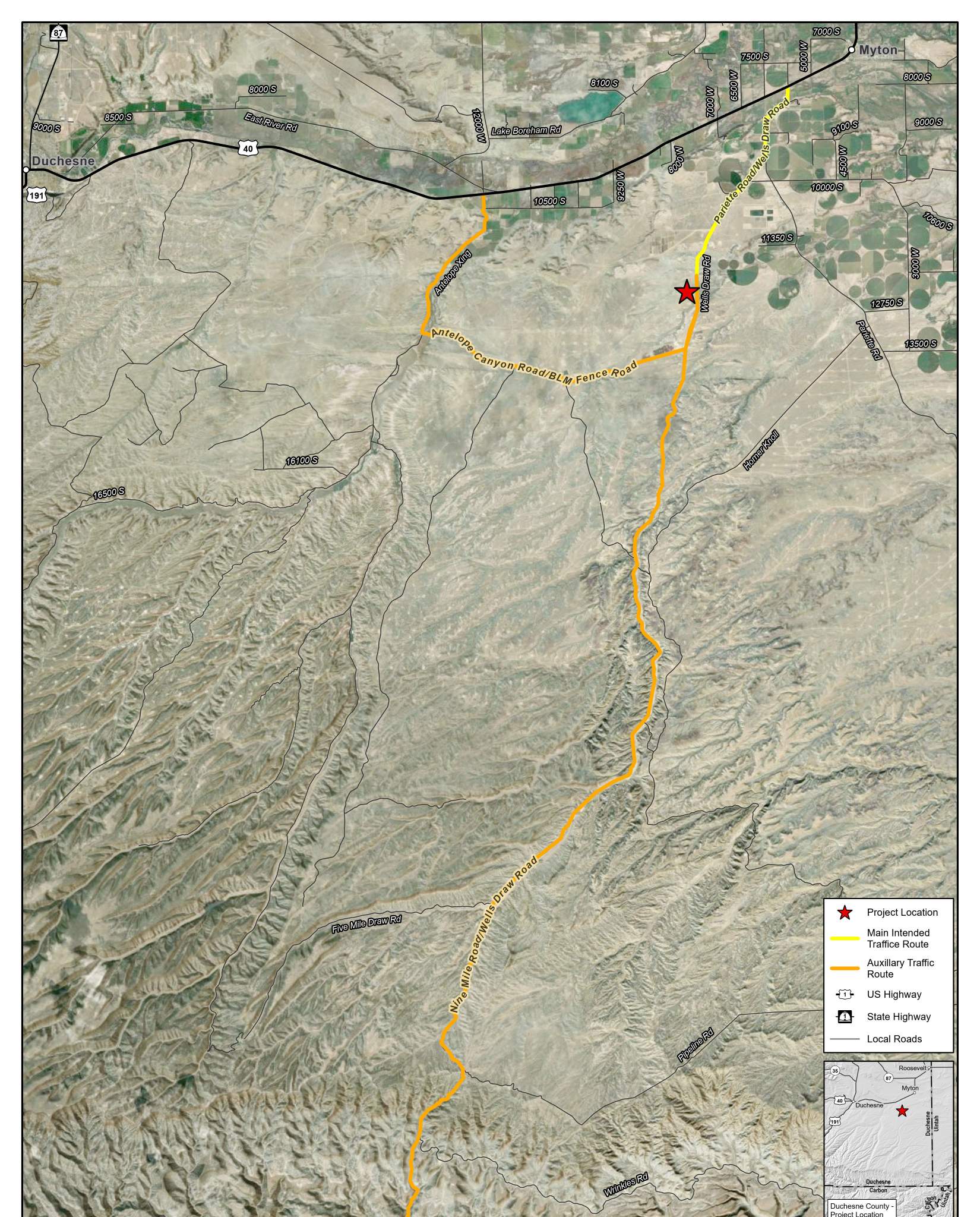 Site location and access-route map for the Nine Mile Data project, southwest of Myton, Utah