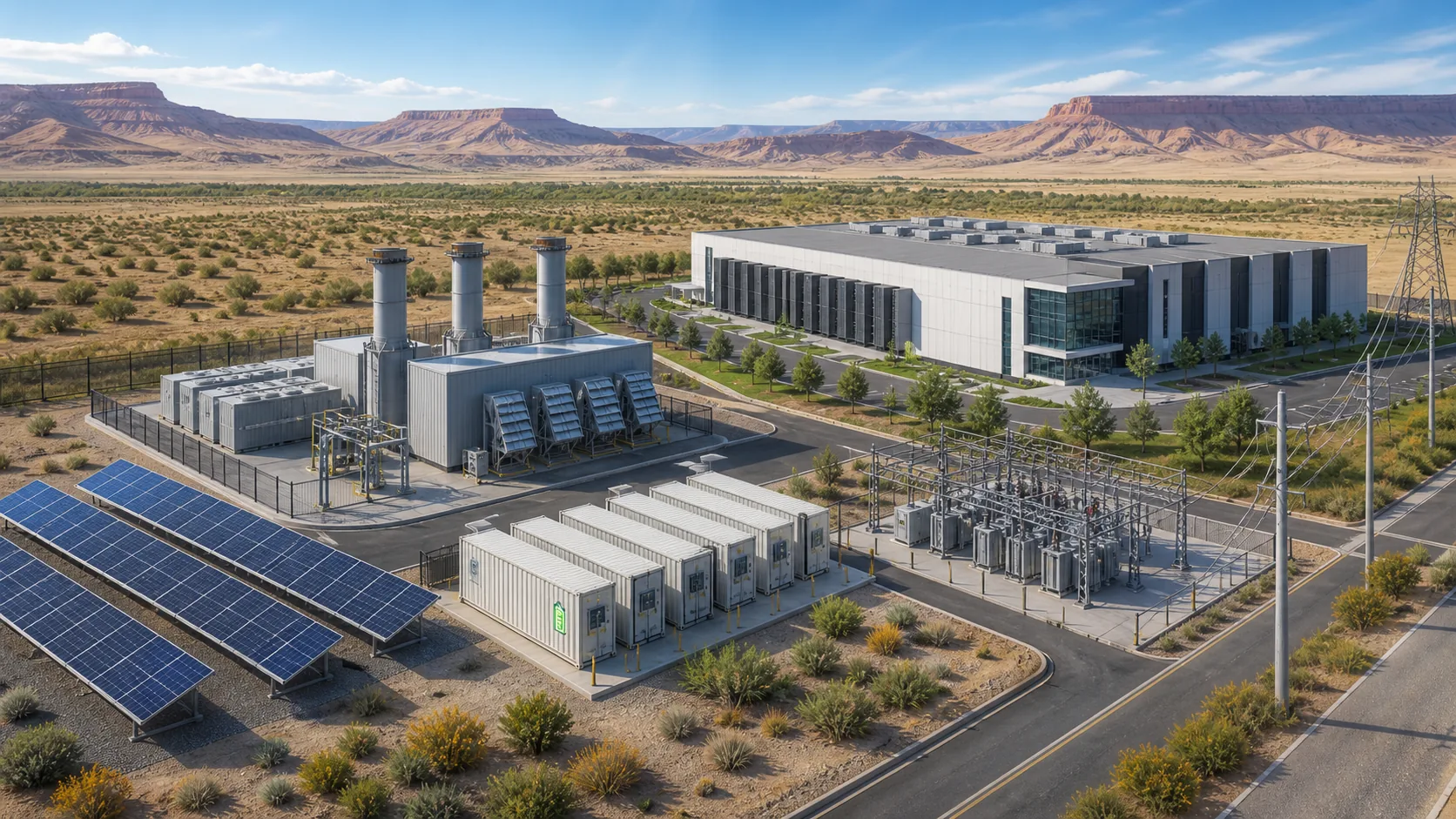 Concept image of a data center served by nearby natural-gas generation, solar panels, batteries, and a substation