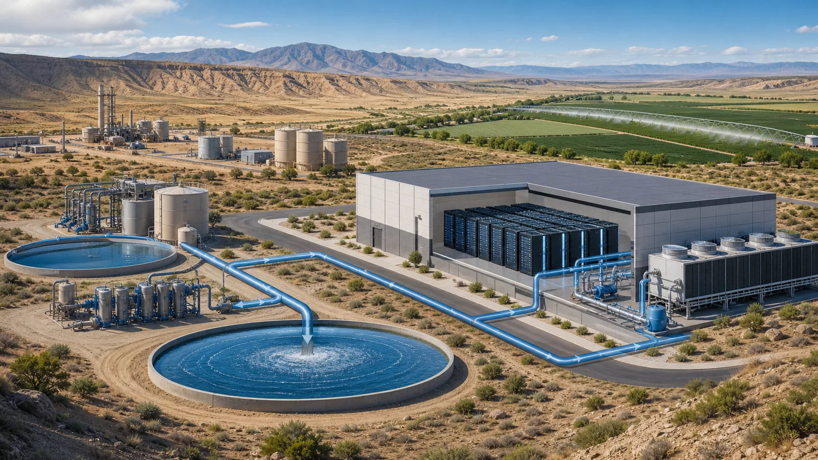 Concept image of reuse-water treatment and storage connected to an industrial cooling system, with farmland visually separate in the distance