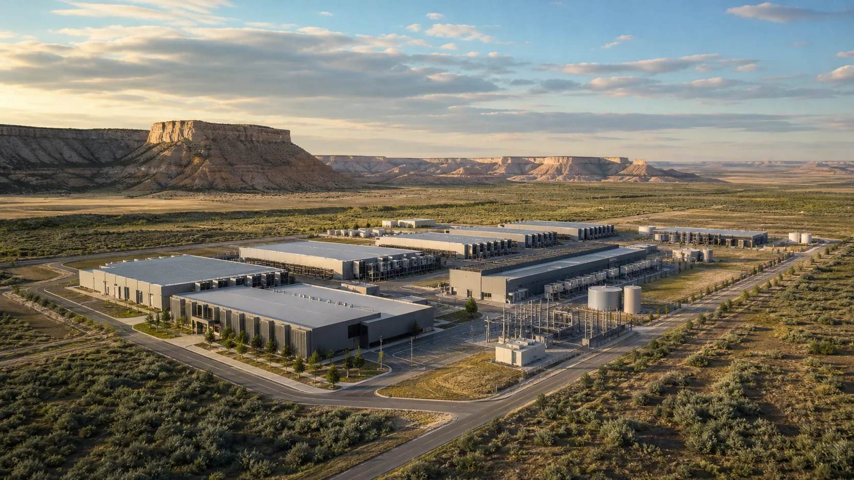 Concept visualization of a low-profile data center campus in a Uintah Basin desert landscape