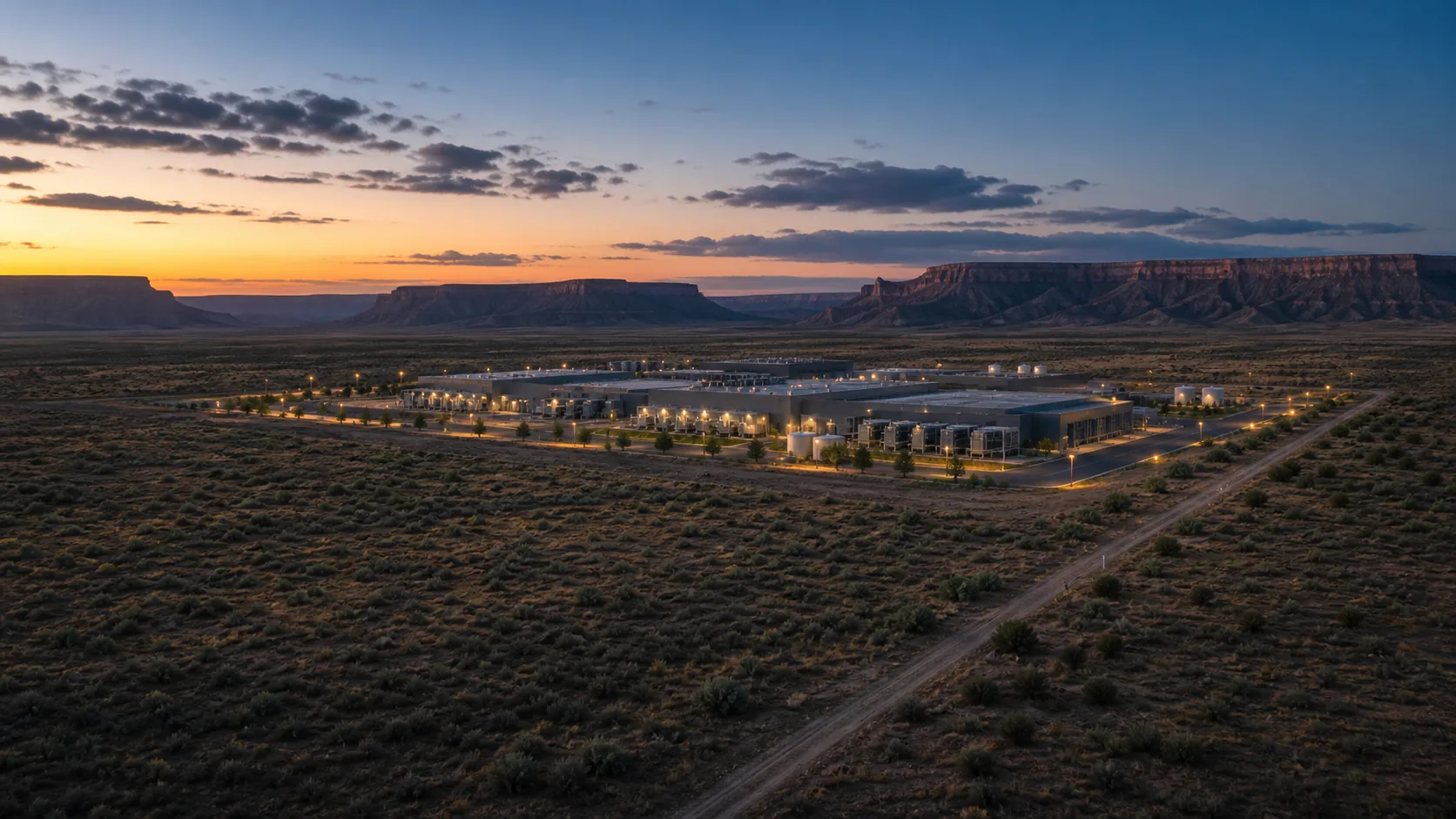 Concept image of a remote data center campus at dusk with wide open-space setbacks and downward-shielded lighting