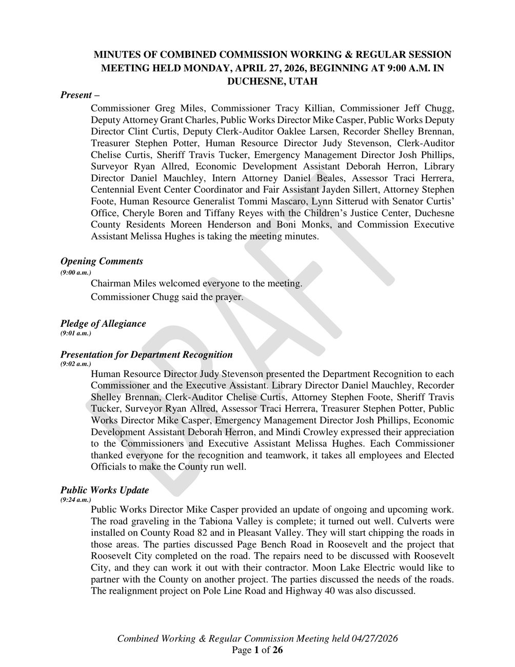 Duchesne County Commission approved meeting minutes, April 27, 2026