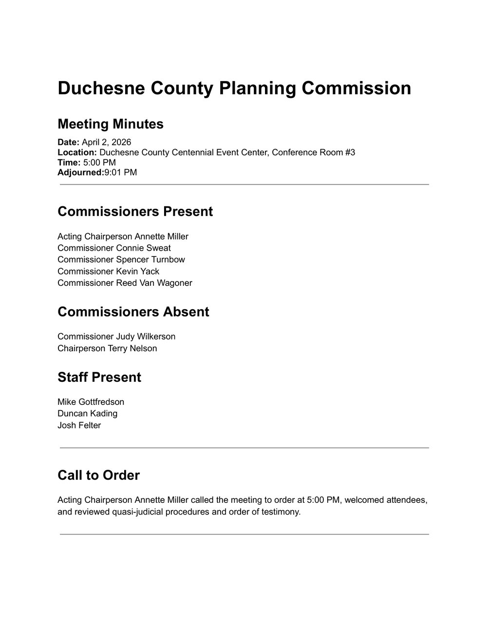 Duchesne County Planning Commission meeting minutes, April 2, 2026