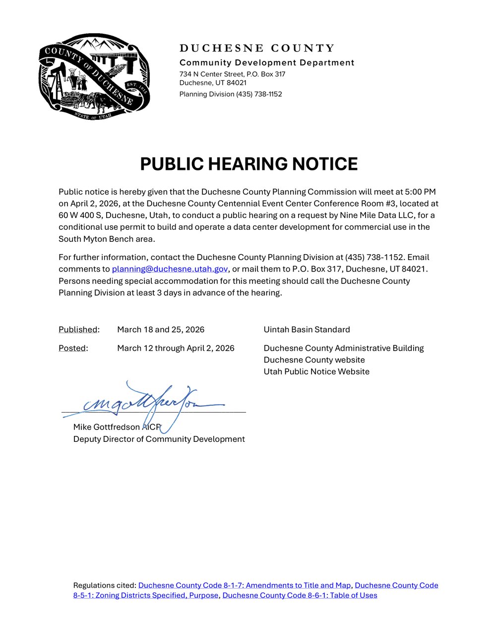 Duchesne County public hearing notice for the Nine Mile Data conditional-use permit